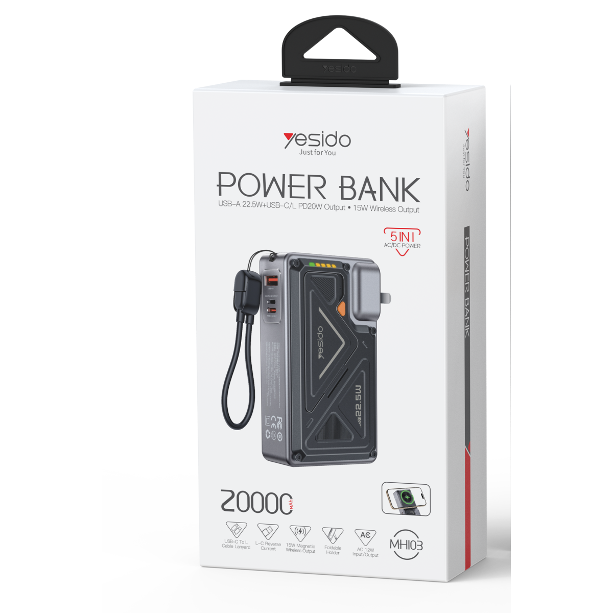 Yesido MH103 20.000 mAh 22.5W PD Hızlı Şarj ve 15W Kablosuz Şarj Destekli Priz Uçlu Powerbank - Siyah