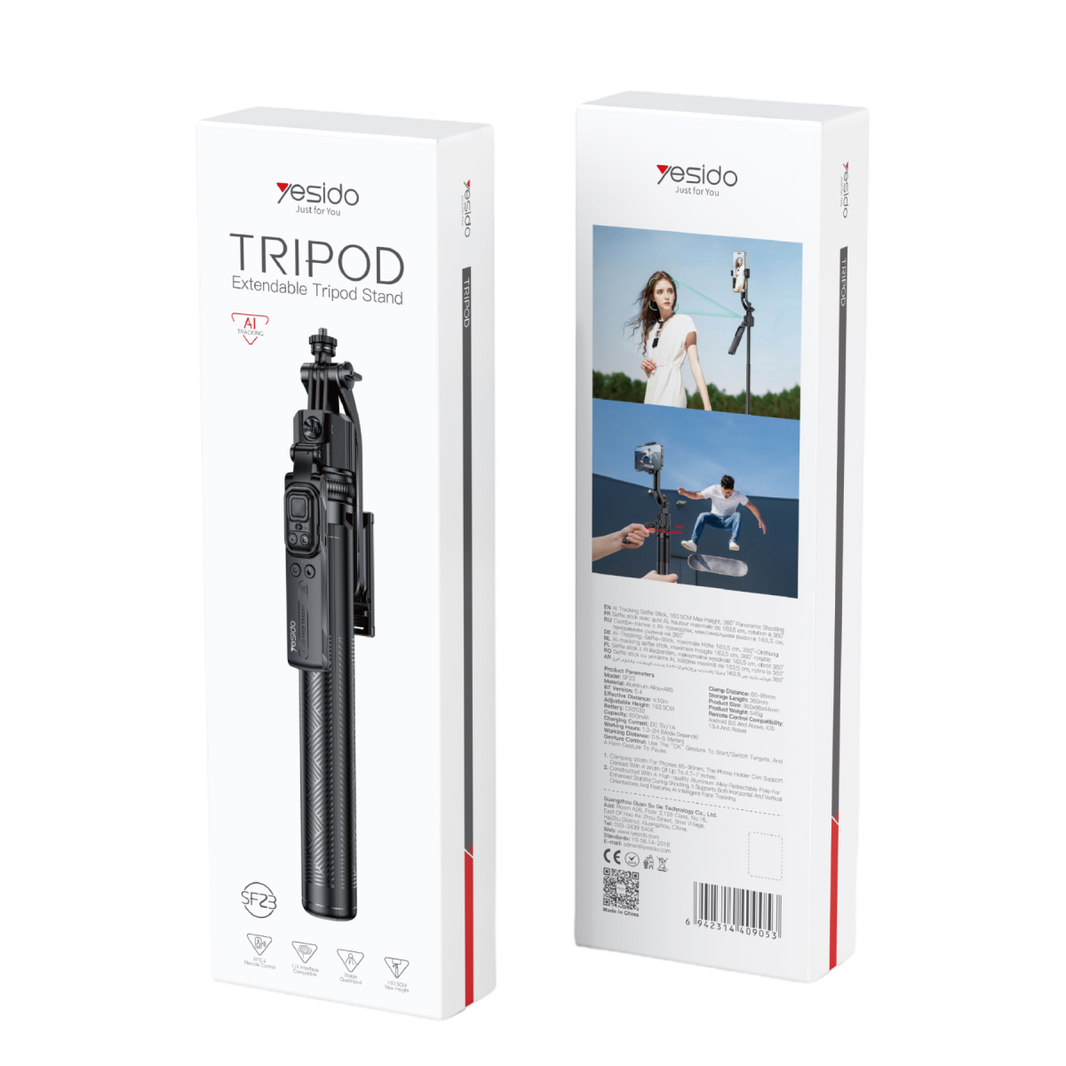 Yesido SF23 Yüz Takip Özellikli Bluetooth Kumandalı Tripod Selfie Çubuğu - Siyah
