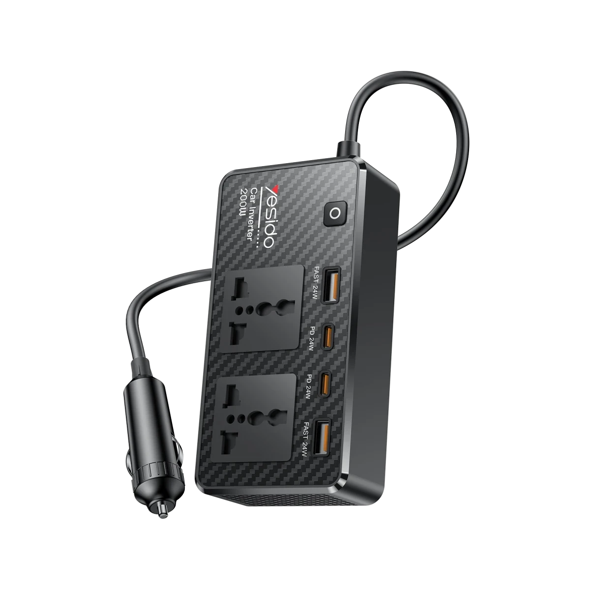 Yesido VC07 200W AC 220V Çıkışlı PD Destekli 4 Portlu Araç İçi Güç Dönüştürücü - Siyah