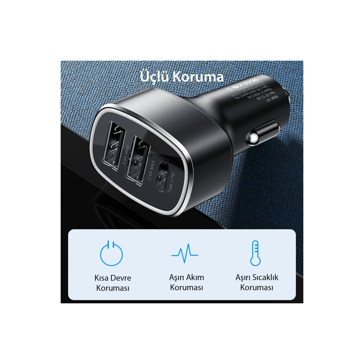 Yesido Y47 25W PD Type-C ve 2 Adet 12W Usb Araç Şarj - Siyah