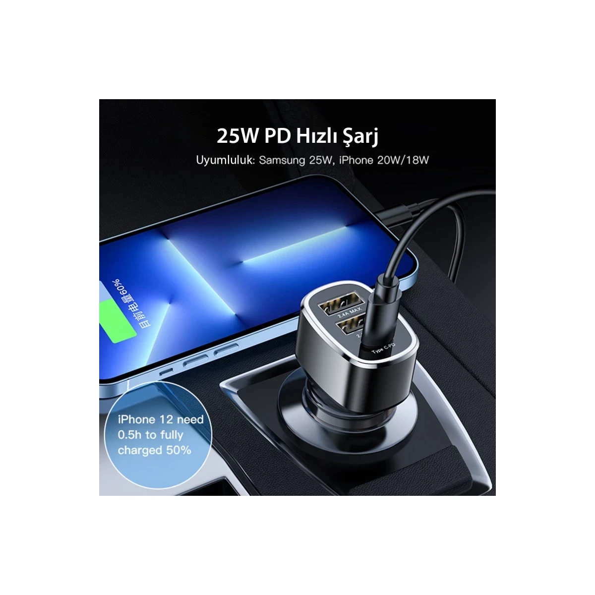 Yesido Y47 25W PD Type-C ve 2 Adet 12W Usb Araç Şarj - Siyah