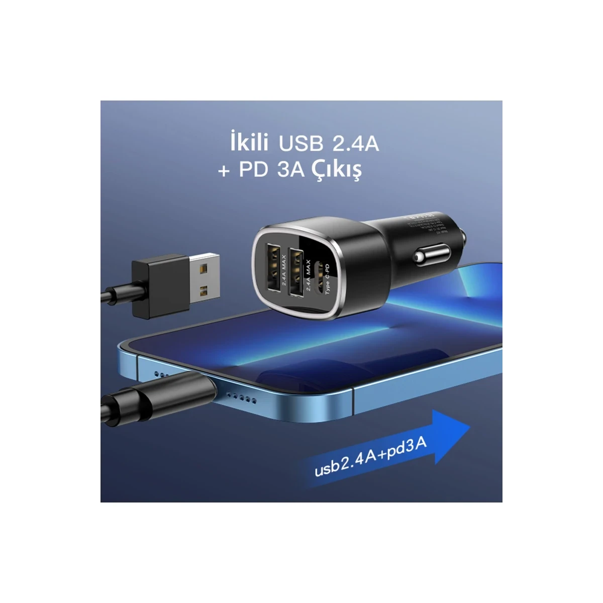 Yesido Y47 25W PD Type-C ve 2 Adet 12W Usb Araç Şarj - Siyah
