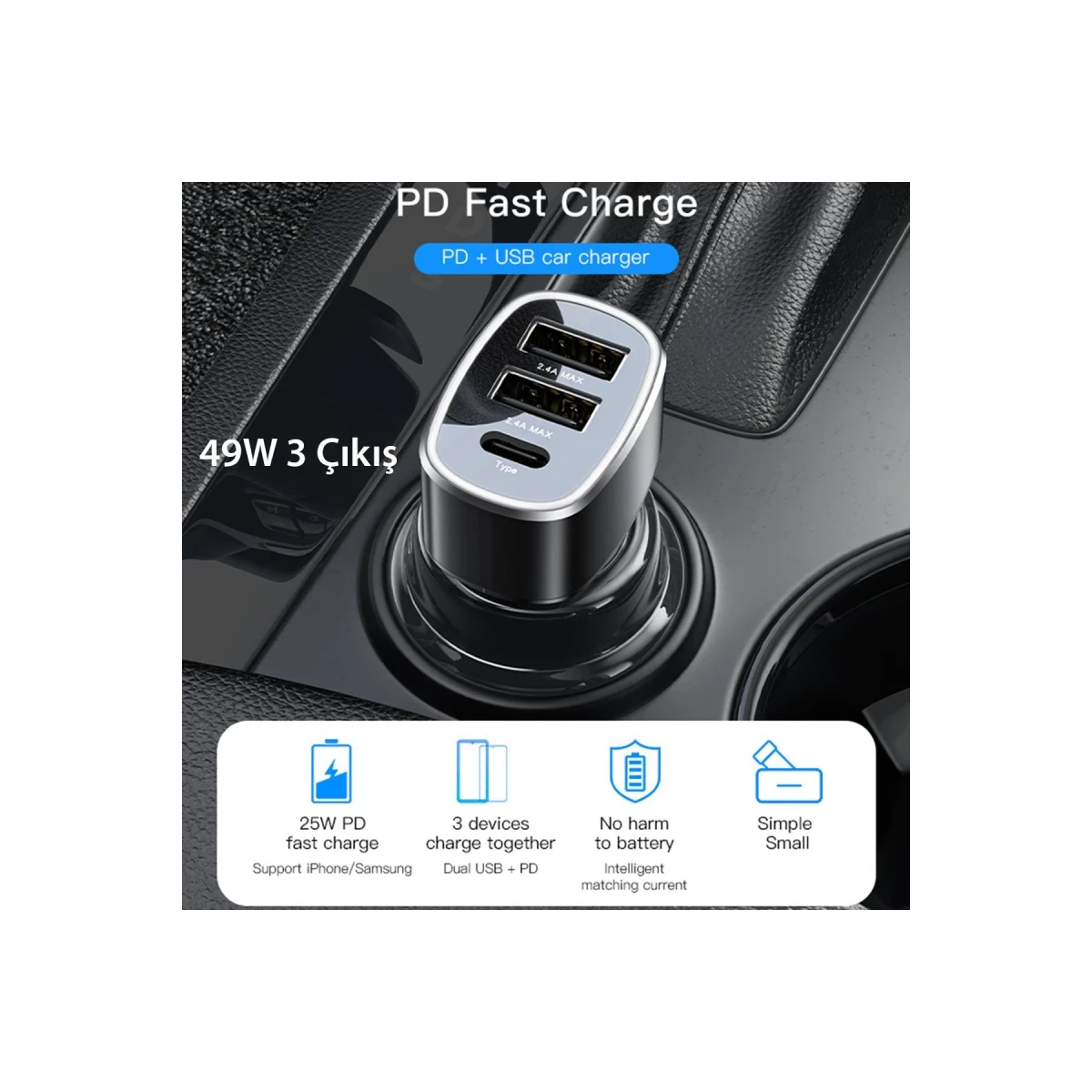 Yesido Y47 25W PD Type-C ve 2 Adet 12W Usb Araç Şarj - Siyah