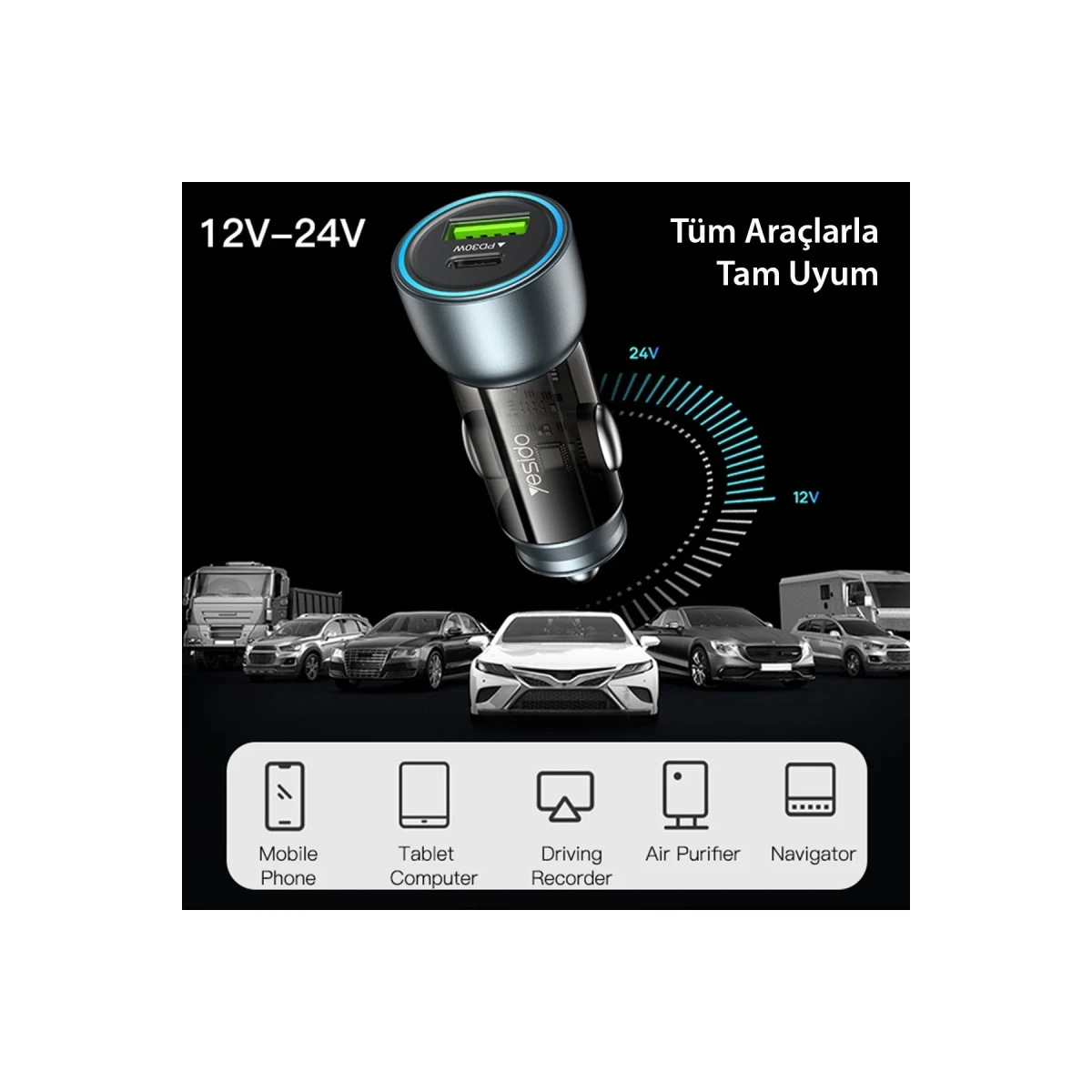 Yesido Y49 30W PD Type-C ve 18W USB Araç Şarj - Siyah