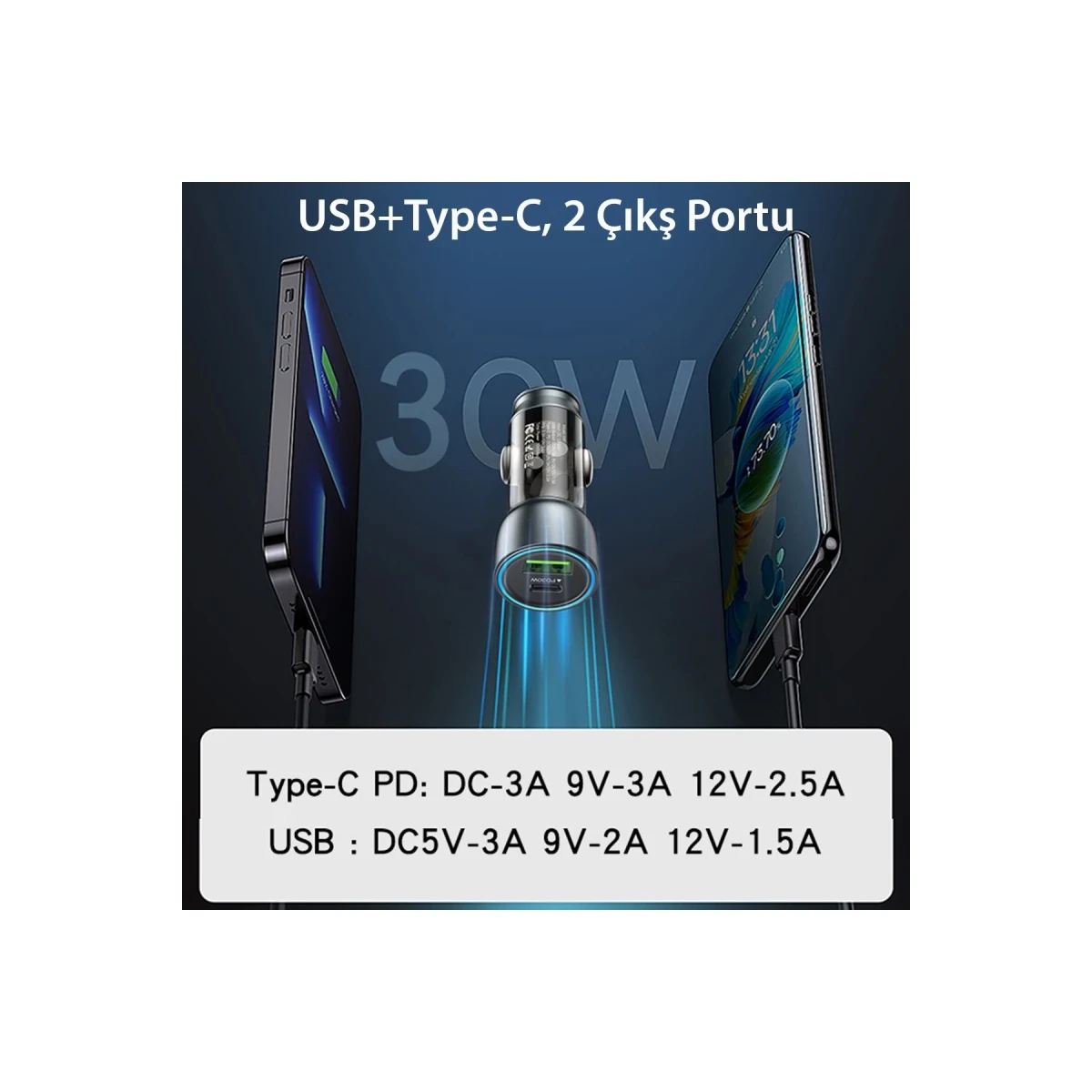 Yesido Y49 30W PD Type-C ve 18W USB Araç Şarj - Siyah
