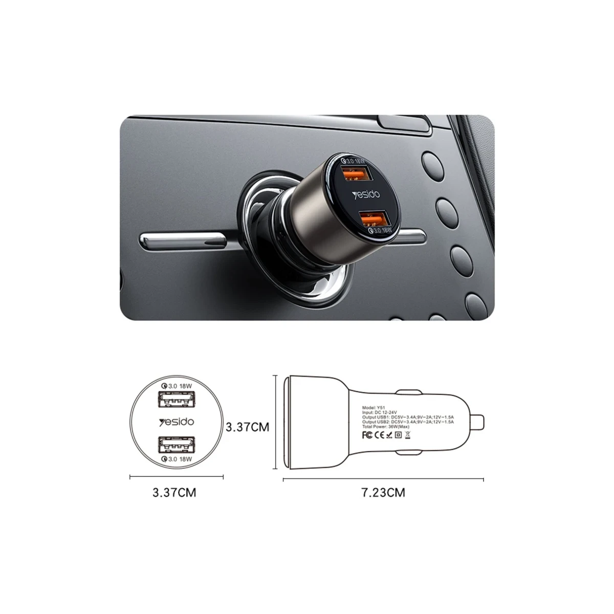 Yesido Y51 2 Adet 18W Usb Araç Şarj - Siyah