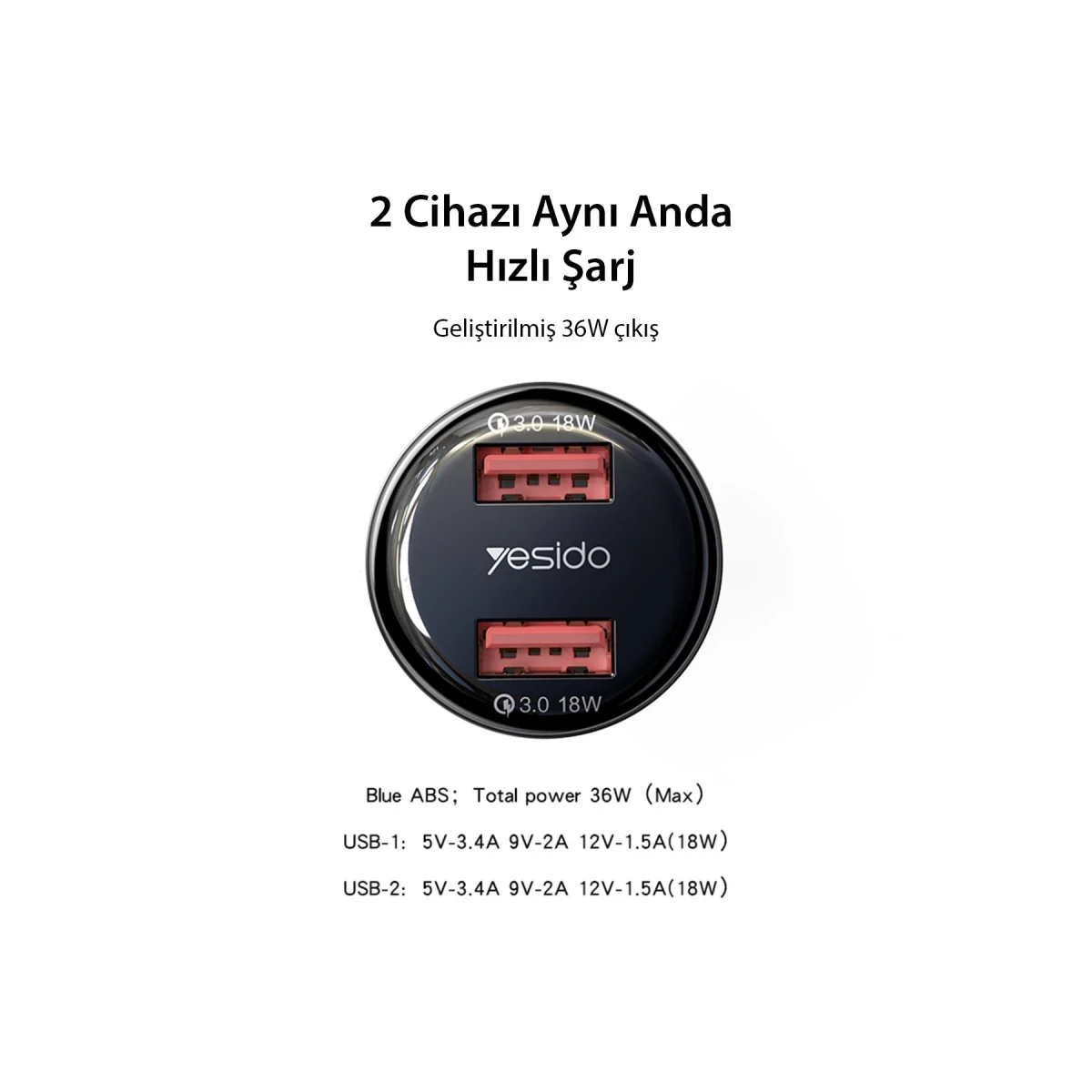 Yesido Y51 2 Adet 18W Usb Araç Şarj - Siyah