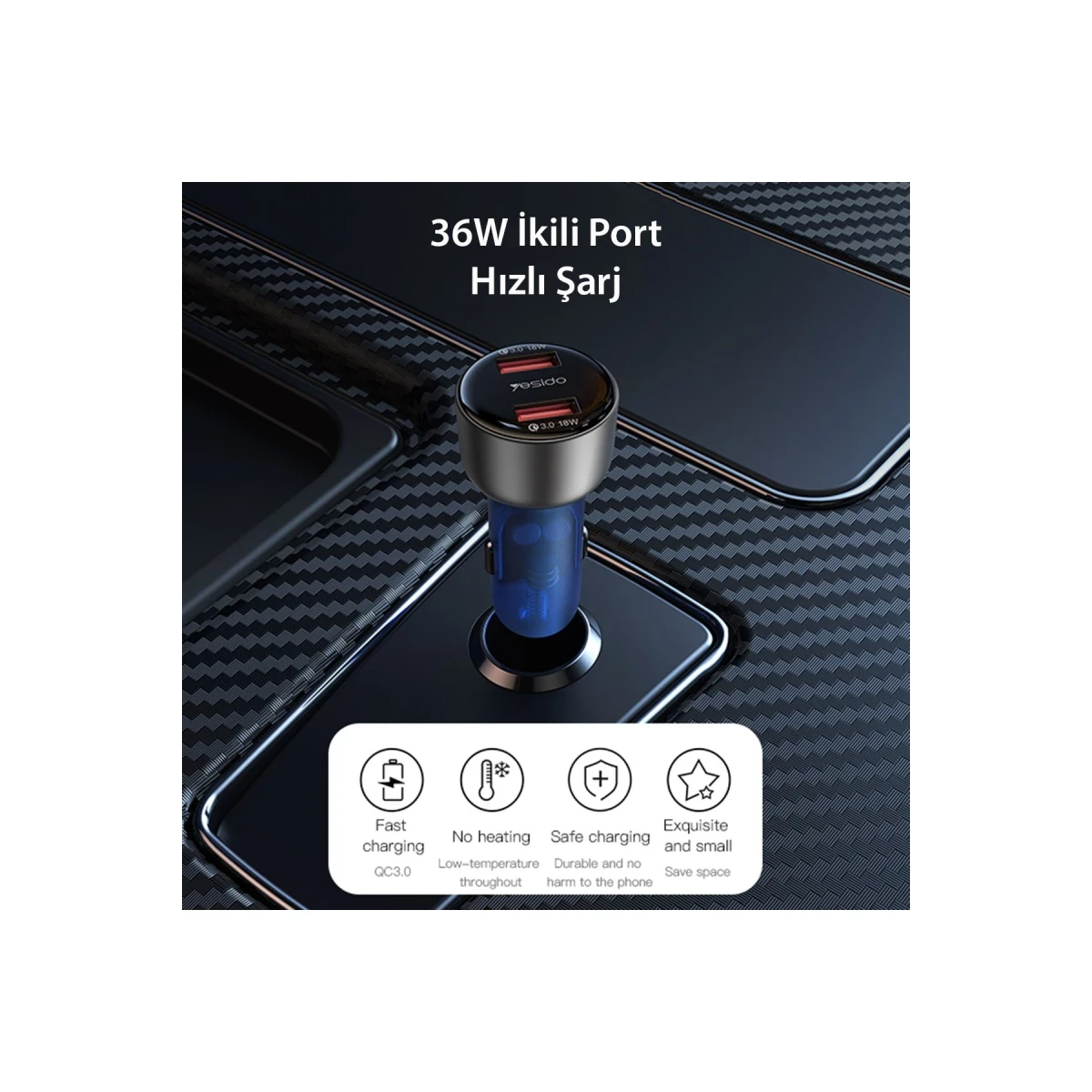 Yesido Y51 2 Adet 18W Usb Araç Şarj - Siyah