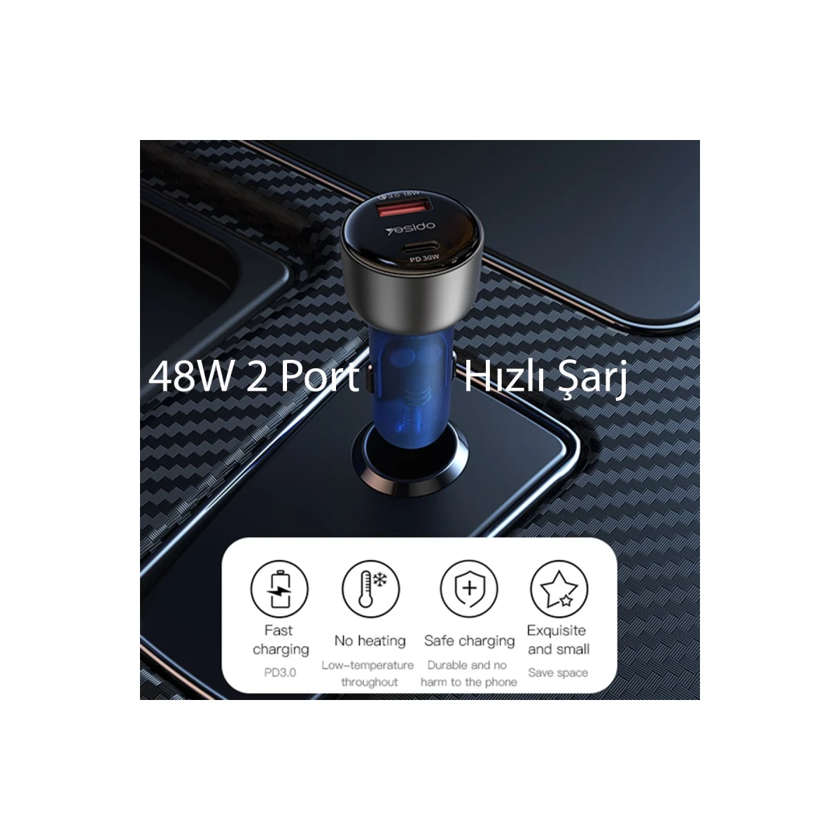 Yesido Y52 30W PD Type-C ve 18W Usb Araç Şarj - Siyah