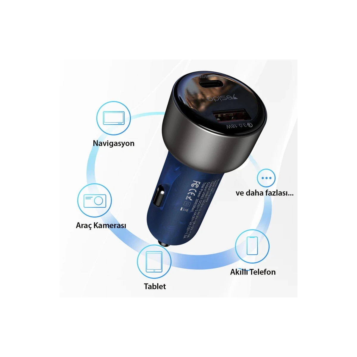 Yesido Y52 30W PD Type-C ve 18W Usb Araç Şarj - Siyah