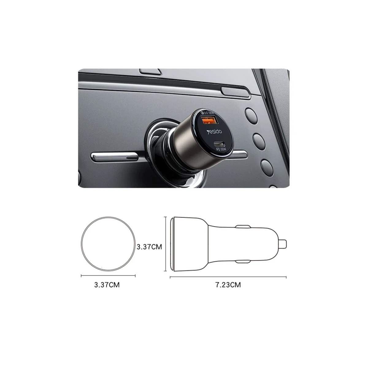 Yesido Y52 30W PD Type-C ve 18W Usb Araç Şarj - Siyah