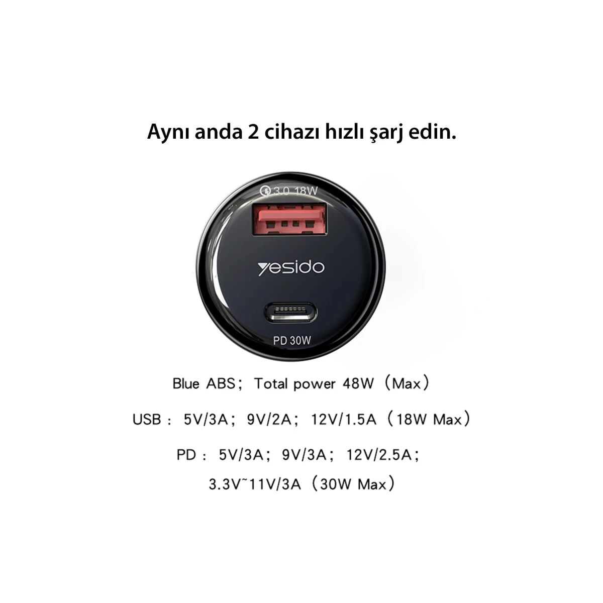 Yesido Y52 30W PD Type-C ve 18W Usb Araç Şarj - Siyah