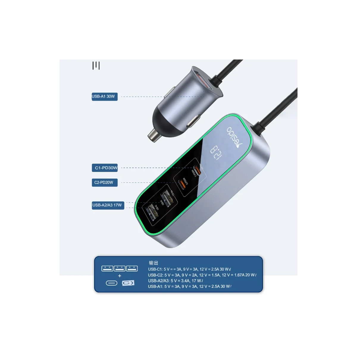 Yesido Y53 2 Adet 30W PD Type-C ve 3 Adet 17W Usb Araç Şarj - Siyah
