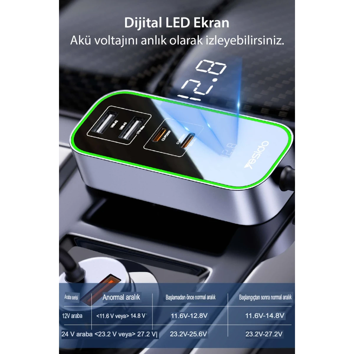 Yesido Y53 2 Adet 30W PD Type-C ve 3 Adet 17W Usb Araç Şarj - Siyah