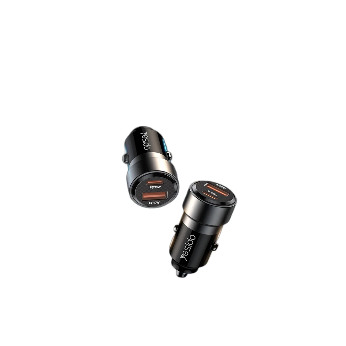 Yesido Y54 1 Adet 30W Usb 1 Adet 30W Type-C ve 20W Type-C to Lightning Kablolu PD Hızlı Araç Şarj - Siyah