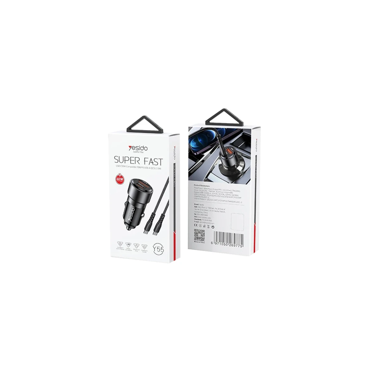 Yesido Y55 1 Adet 30W Usb / 1 Adet 30W Type-C ve 60W Type-C to Type-C Kablolu PD Hızlı Araç Şarj - Siyah