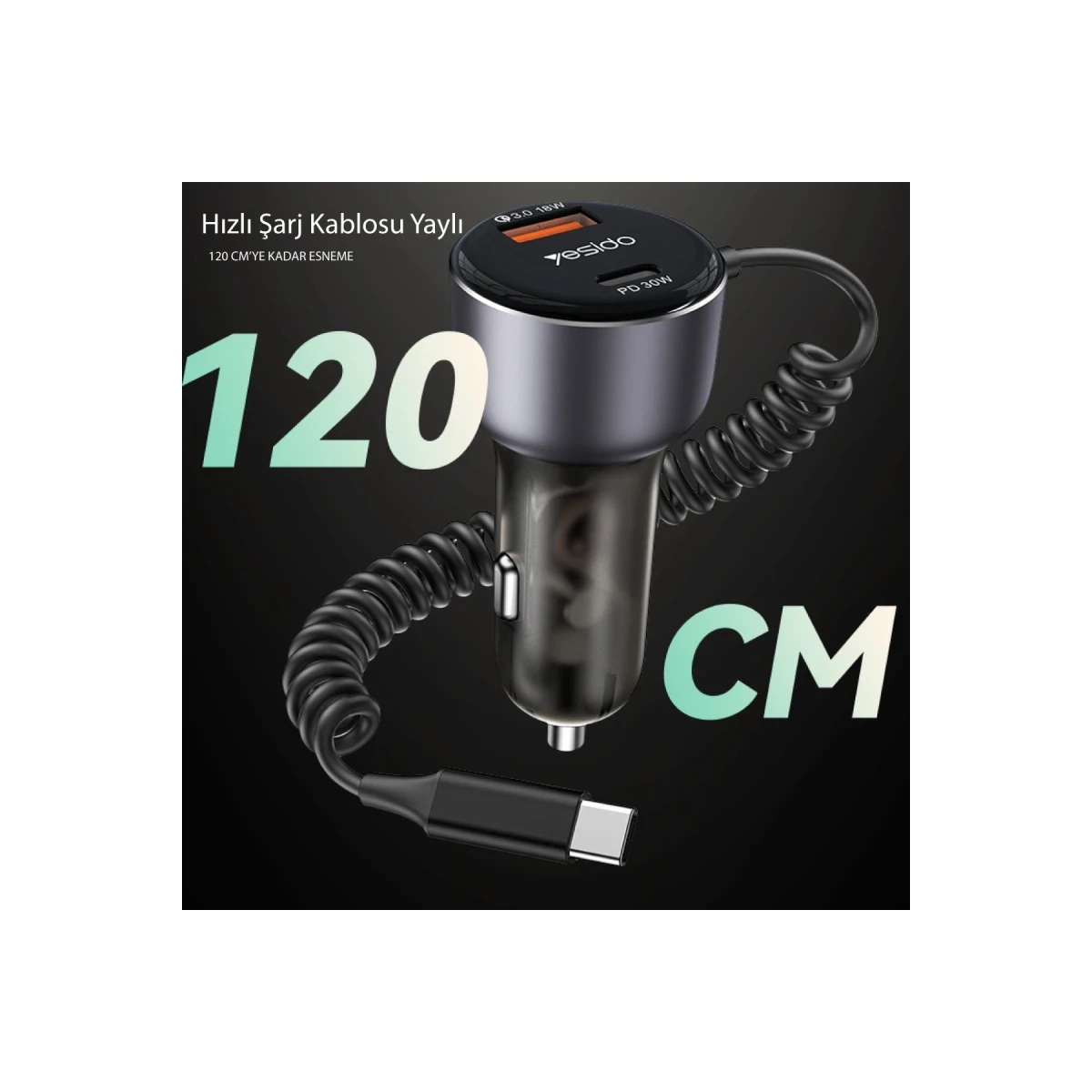 Yesido Y56 1 Adet 18W Usb / 1 Adet 30W Type-C ve 30W Dahili Type-C Kablolu PD Hızlı Araç Şarj - Siyah