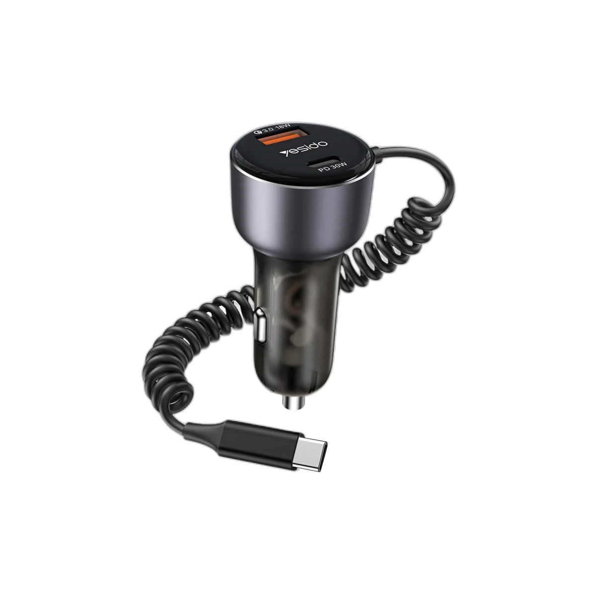 Yesido Y56 1 Adet 18W Usb / 1 Adet 30W Type-C ve 30W Dahili Type-C Kablolu PD Hızlı Araç Şarj - Siyah
