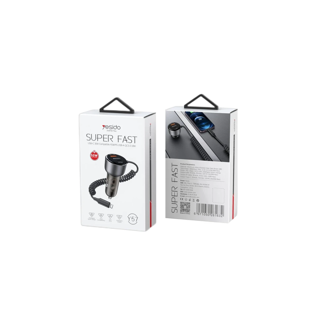 Yesido Y57 1 Adet 18W Usb / 1 Adet 30W Type-C ve 20W Dahili Lightning Kablolu PD Hızlı Araç Şarj - Siyah