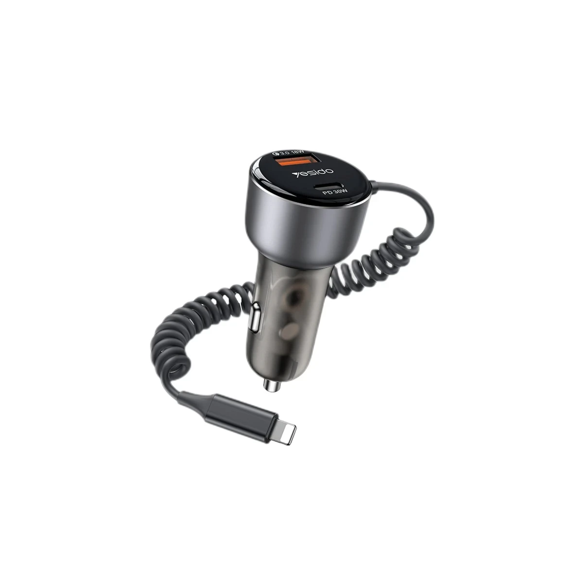 Yesido Y57 1 Adet 18W Usb / 1 Adet 30W Type-C ve 20W Dahili Lightning Kablolu PD Hızlı Araç Şarj - Siyah