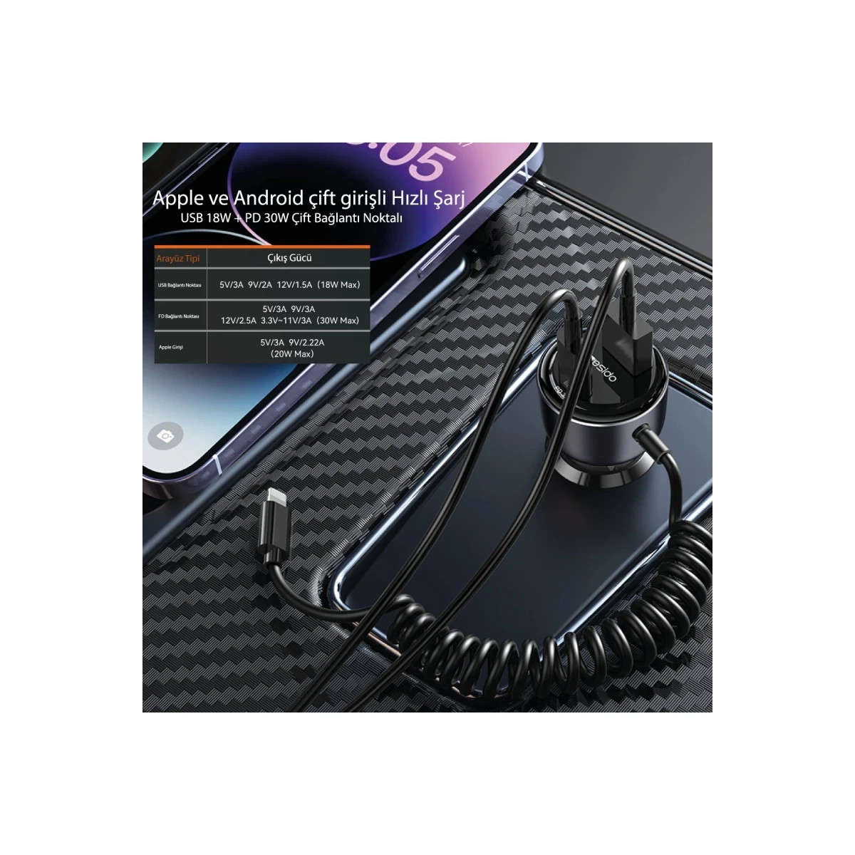 Yesido Y57 1 Adet 18W Usb / 1 Adet 30W Type-C ve 20W Dahili Lightning Kablolu PD Hızlı Araç Şarj - Siyah