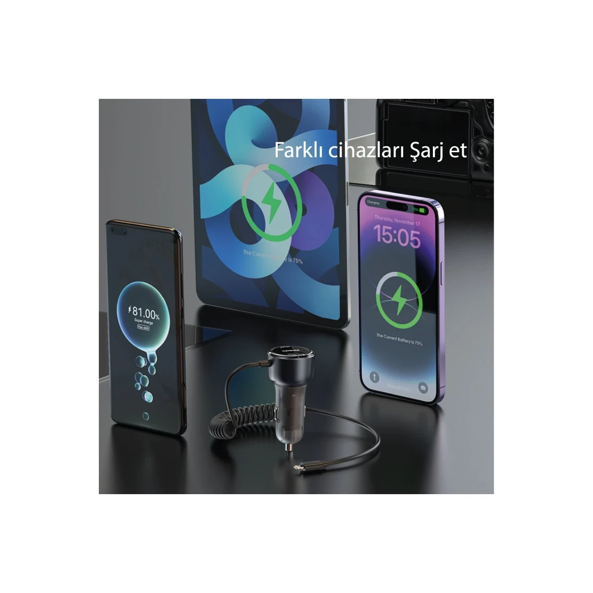 Yesido Y57 1 Adet 18W Usb / 1 Adet 30W Type-C ve 20W Dahili Lightning Kablolu PD Hızlı Araç Şarj - Siyah