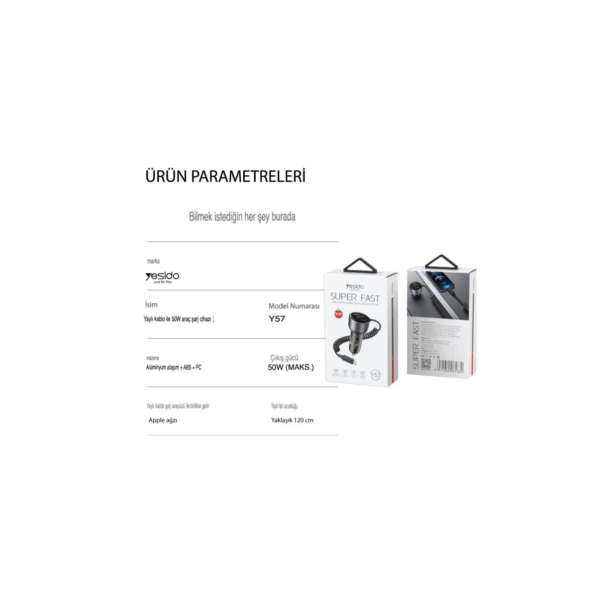 Yesido Y57 1 Adet 18W Usb / 1 Adet 30W Type-C ve 20W Dahili Lightning Kablolu PD Hızlı Araç Şarj - Siyah