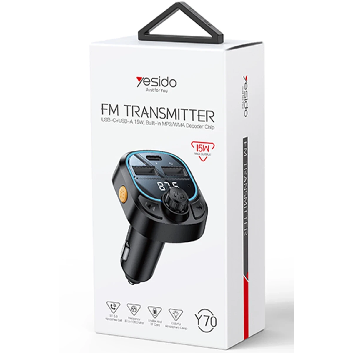 Yesido Y70 RGB 1 Adet 15W Type-C ve 1 Adet 15W USB Çıkışlı BT 5.3 FM Transmitter - Siyah