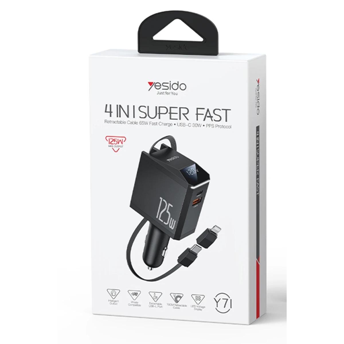 Yesido Y71 Dijital Göstergeli 1 Adet 30W Type-C ve 1 Adet 30W USB Çıkışlı Ekstra 65W Destekli Type-C Dahili Kablolu 125W Araç Şarj Aleti - Siyah