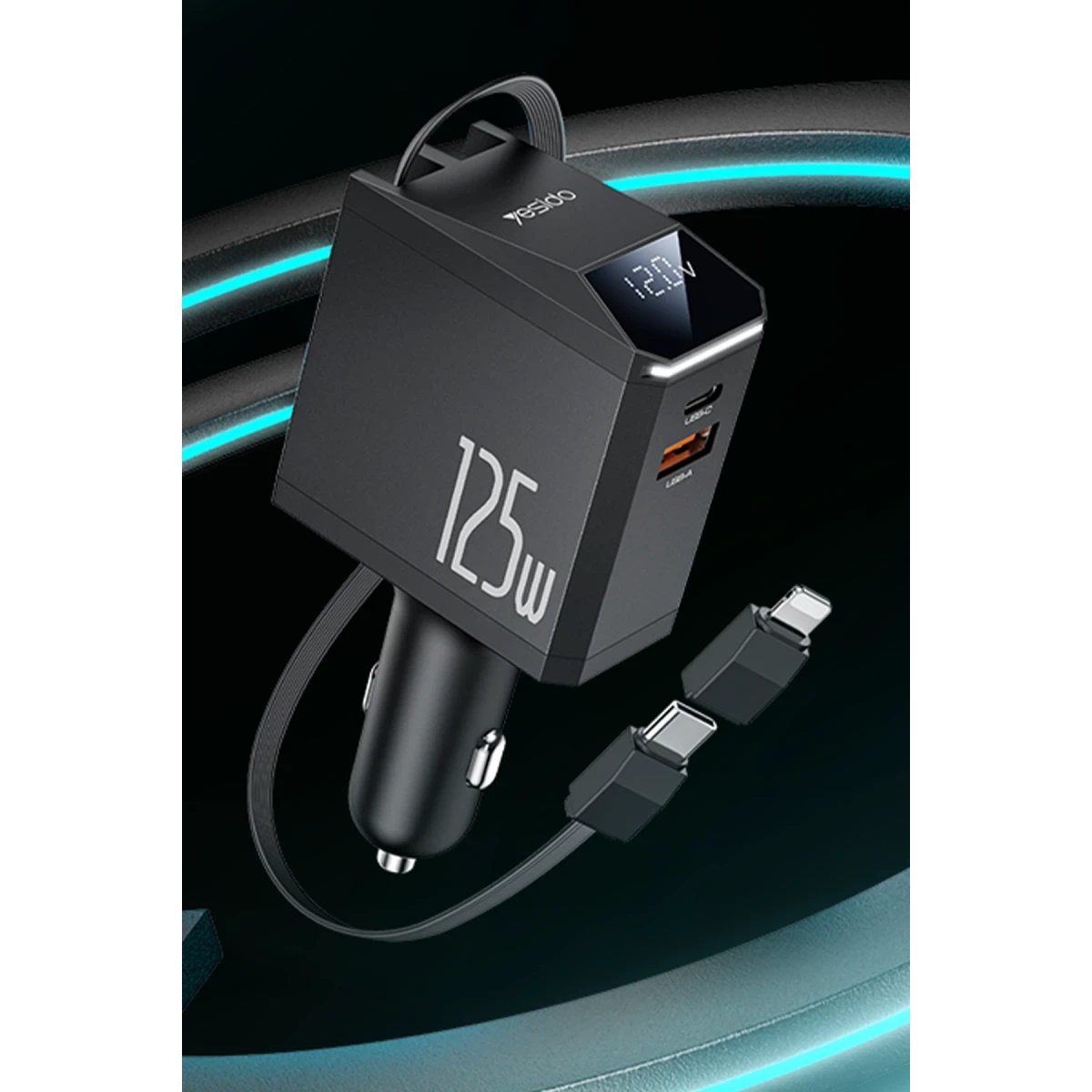 Yesido Y71 Dijital Göstergeli 1 Adet 30W Type-C ve 1 Adet 30W USB Çıkışlı Ekstra 65W Destekli Type-C Dahili Kablolu 125W Araç Şarj Aleti - Siyah