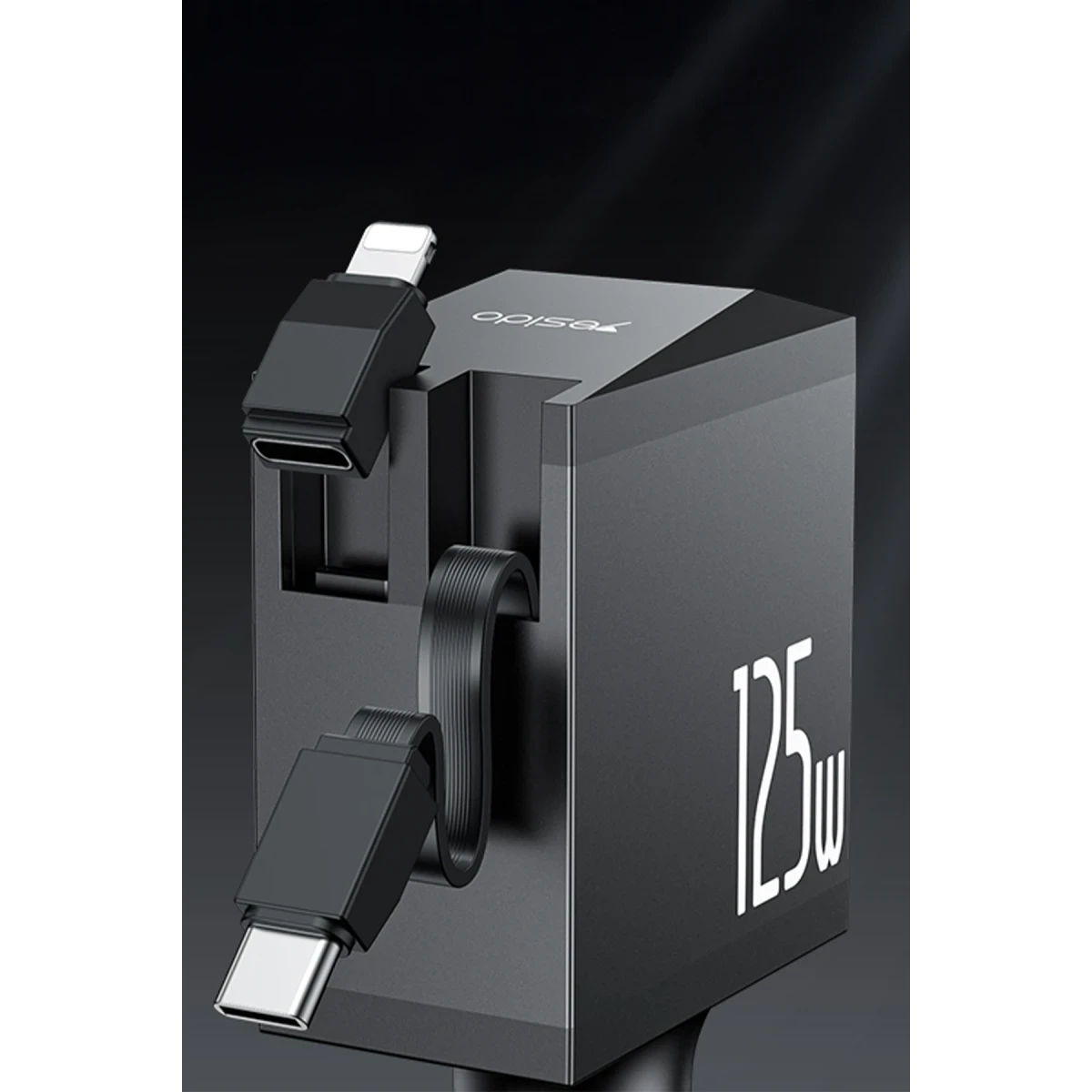 Yesido Y71 Dijital Göstergeli 1 Adet 30W Type-C ve 1 Adet 30W USB Çıkışlı Ekstra 65W Destekli Type-C Dahili Kablolu 125W Araç Şarj Aleti - Siyah