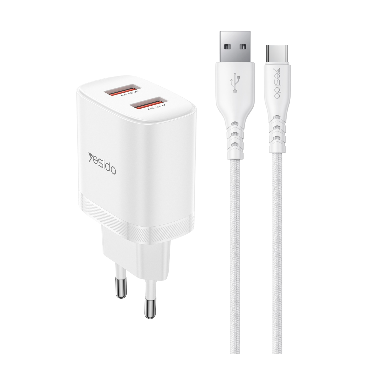 Yesido YC104 2.4A Çift USB-A Çıkışlı 1M USB-A to Type-C Kablolu Şarj Cihazı - Beyaz
