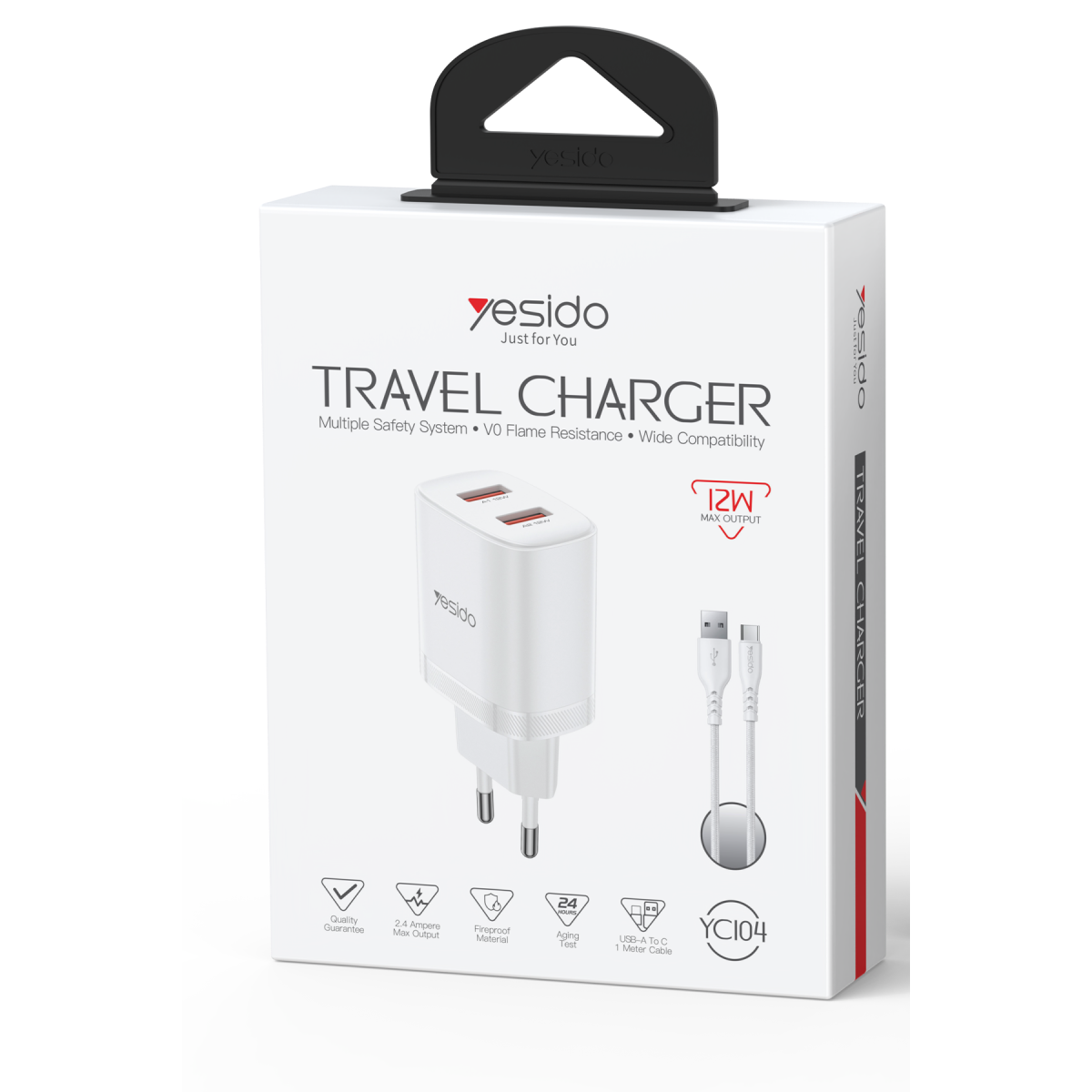 Yesido YC104 2.4A Çift USB-A Çıkışlı 1M USB-A to Type-C Kablolu Şarj Cihazı - Beyaz