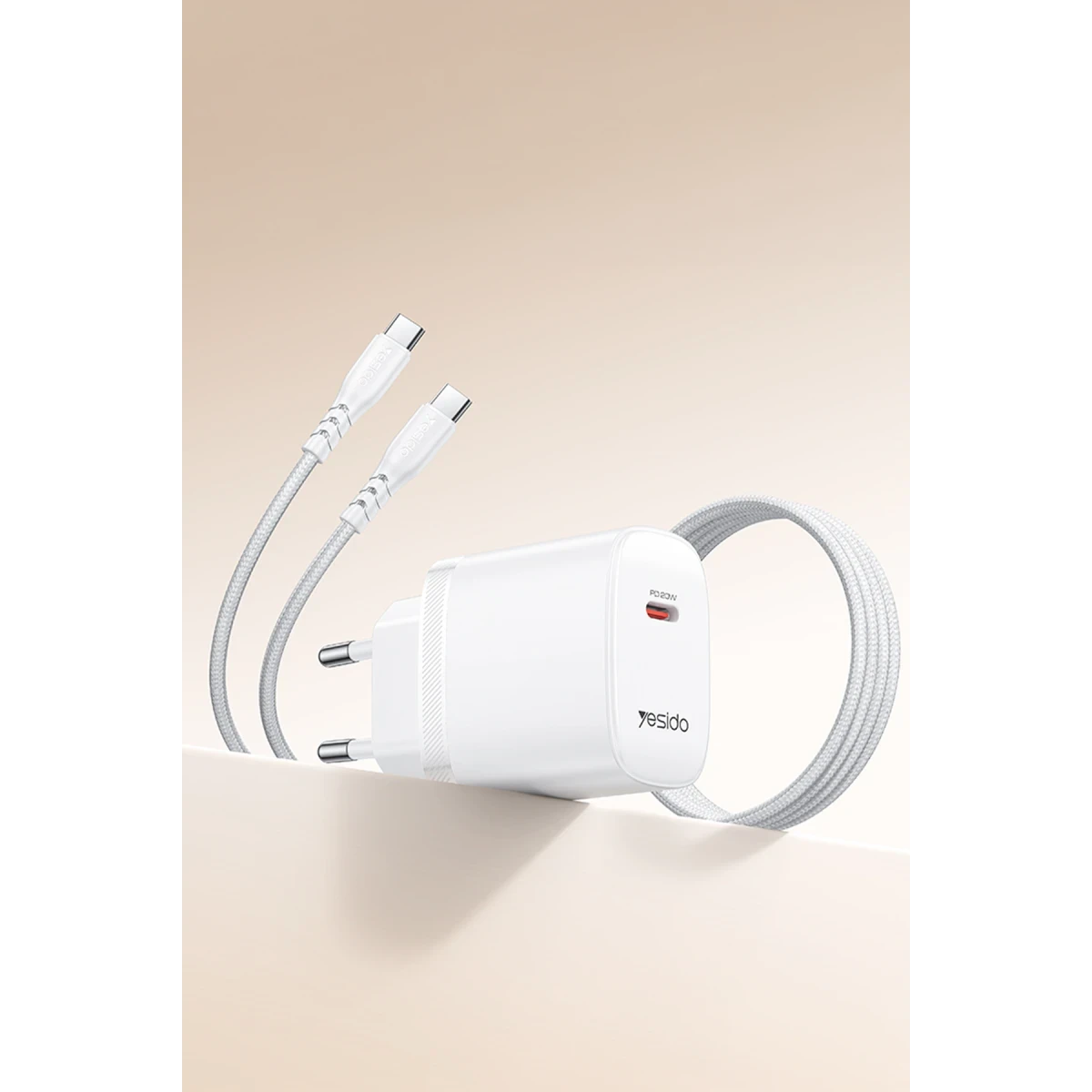 Yesido YC105 20W Type-C Çıkışlı 1M Type-C to Type-C Kablolu PD Hızlı Şarj Cihazı - Beyaz