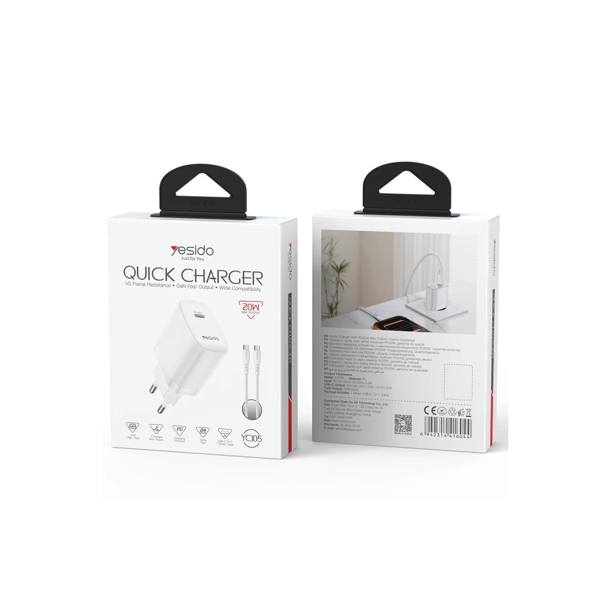 Yesido YC105 20W Type-C Çıkışlı 1M Type-C to Type-C Kablolu PD Hızlı Şarj Cihazı - Beyaz