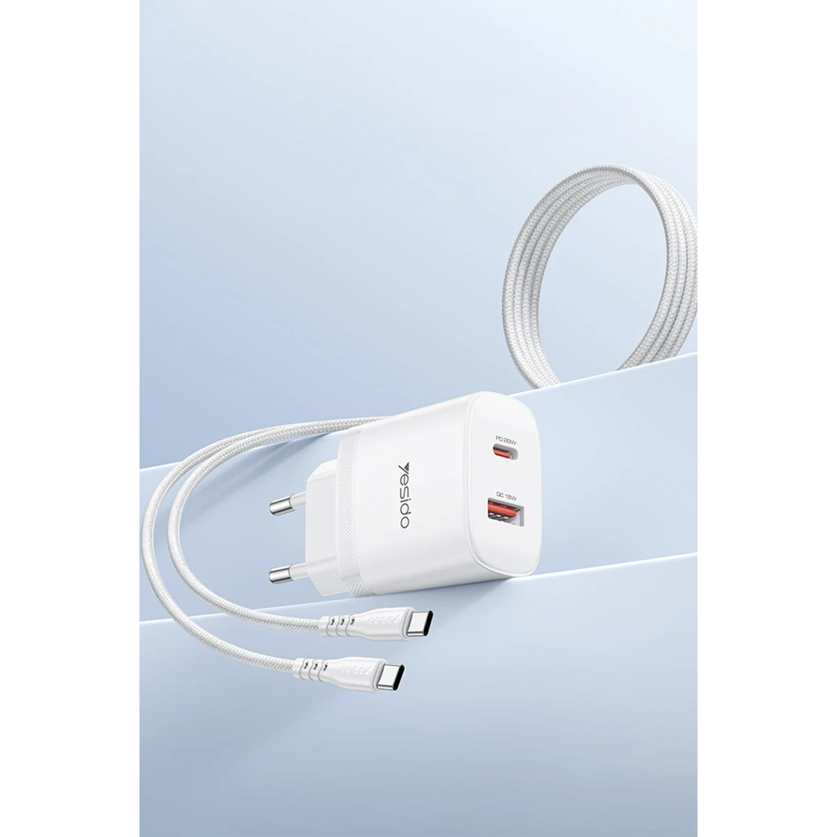 Yesido YC106 20W USB-A ve Type-C Çıkışlı Type-C to Type-C Kablolu PD Şarj Cihazı - Beyaz