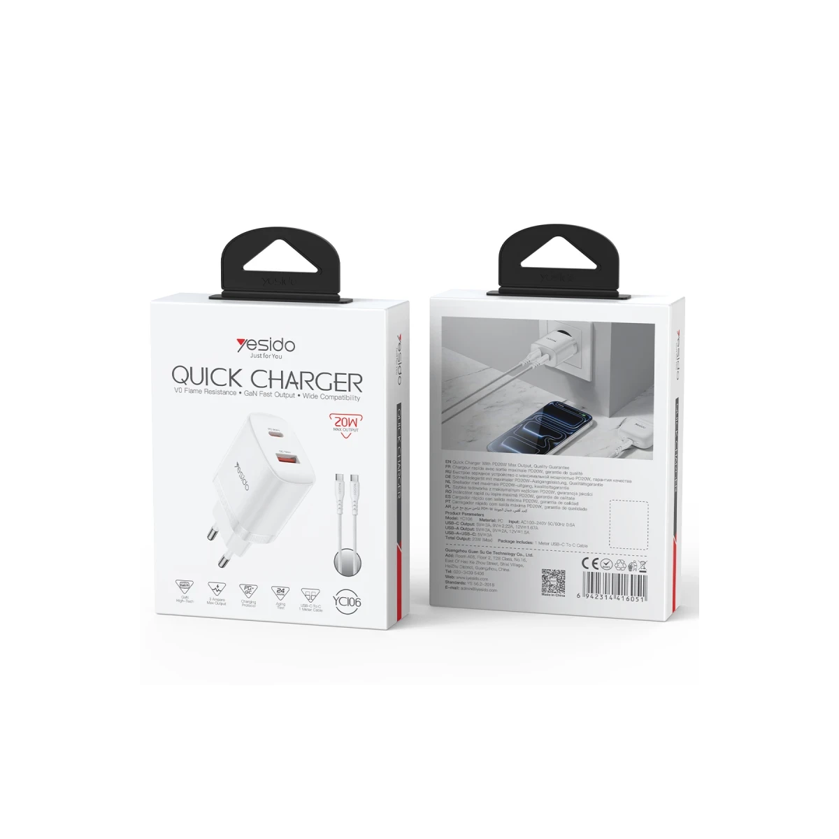 Yesido YC106 20W USB-A ve Type-C Çıkışlı Type-C to Type-C Kablolu PD Şarj Cihazı - Beyaz