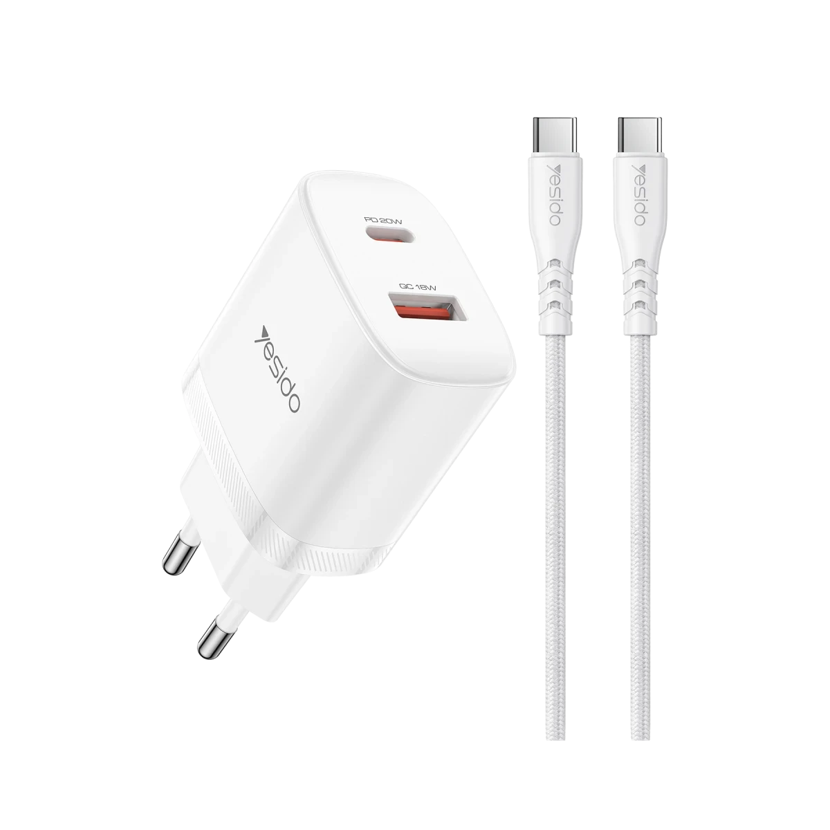 Yesido YC106 20W USB-A ve Type-C Çıkışlı Type-C to Type-C Kablolu PD Şarj Cihazı - Beyaz