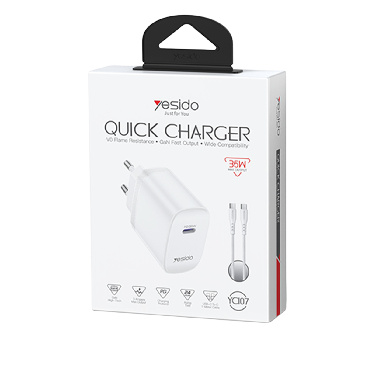 Yesido YC107 35W Type-C Çıkışlı 1M Type-C to Type-C Kablolu PD Hızlı Şarj Cihazı - Beyaz