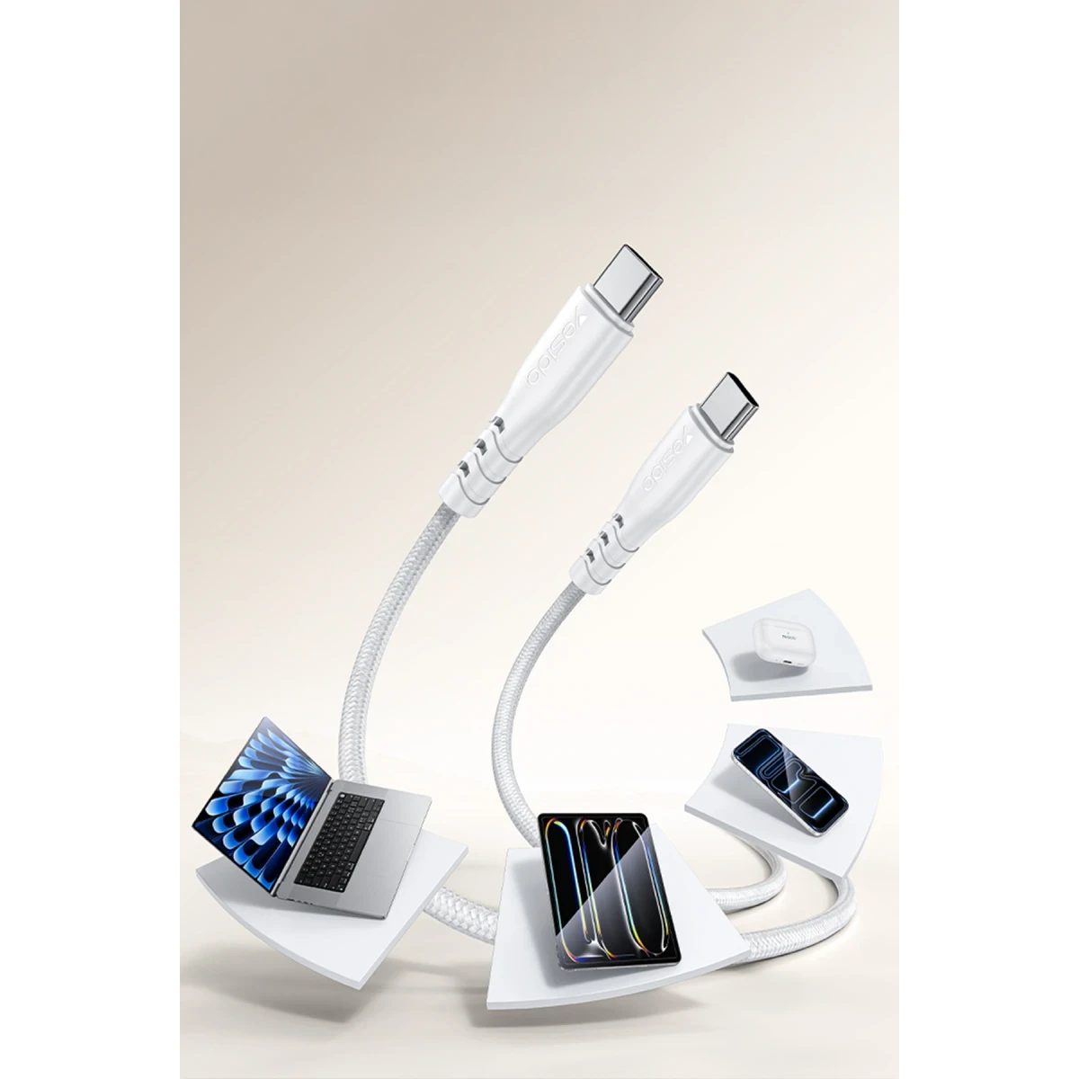 Yesido YC108 35W USB-A ve Type-C Çıkışlı ve 1M Type-C to Type-C Kablolu PD Şarj Cihazı - Beyaz
