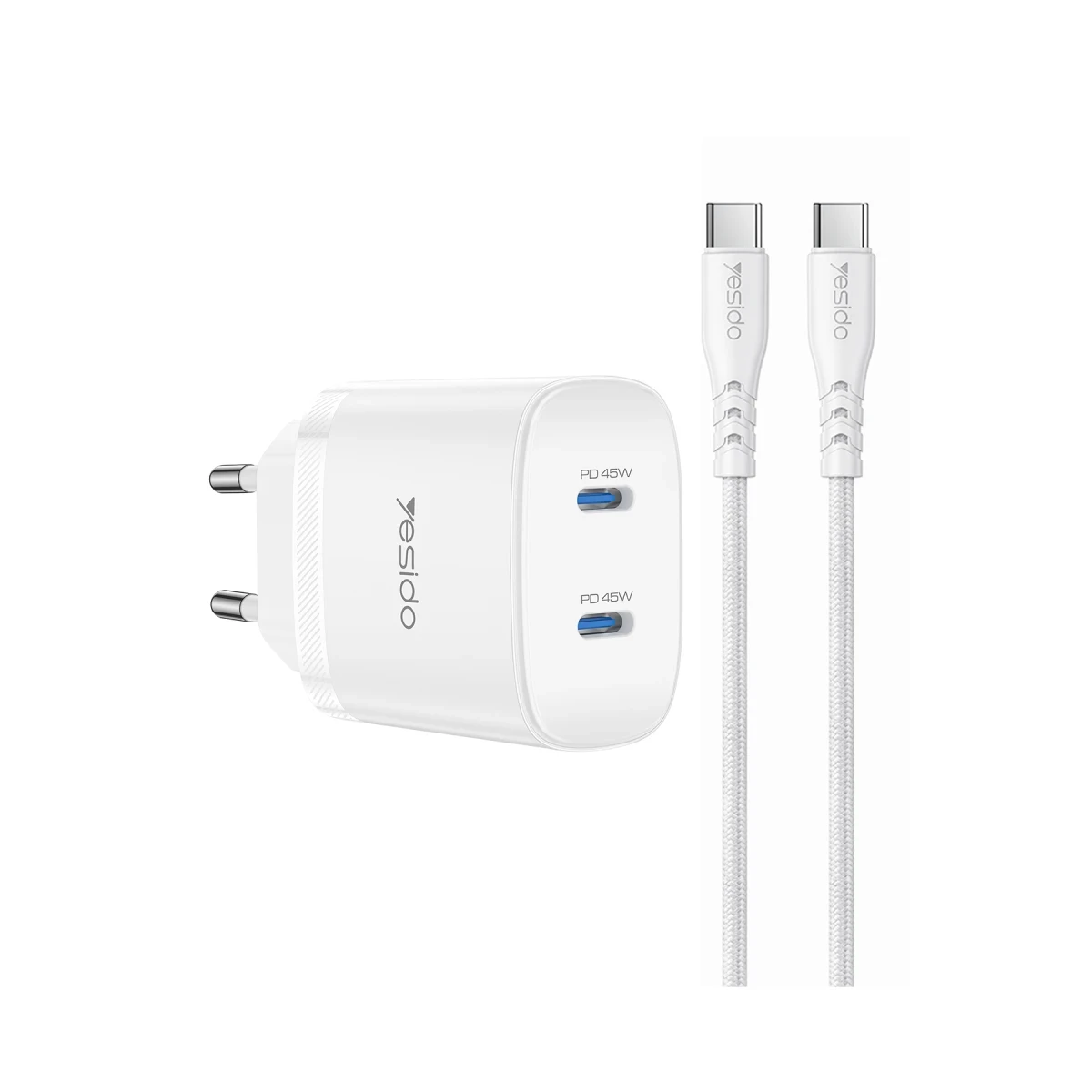 Yesido YC109 45W Çift Type-C Çıkışlı ve 1M Type-C to Type-C Kablolu PD Şarj Cihazı - Beyaz