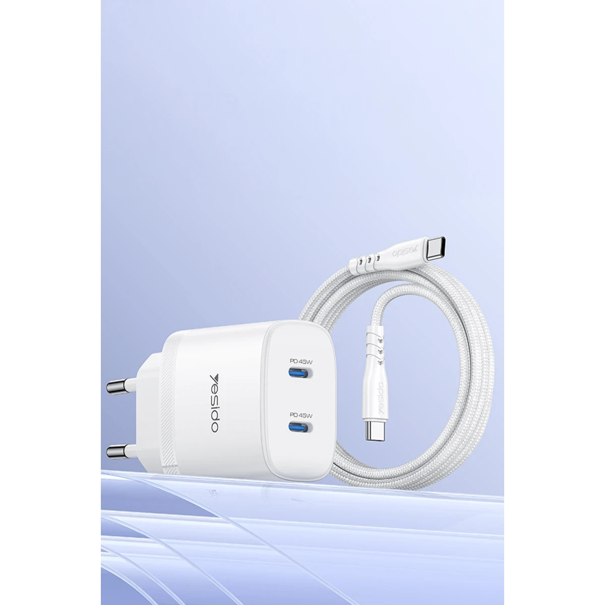 Yesido YC109 45W Çift Type-C Çıkışlı ve 1M Type-C to Type-C Kablolu PD Şarj Cihazı - Beyaz