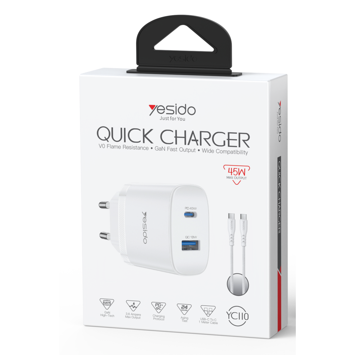 Yesido YC110 45W USB-A ve Type-C Çıkışlı 1M Type-C to Type-C Kablolu PD Hızlı Şarj Cihazı - Beyaz