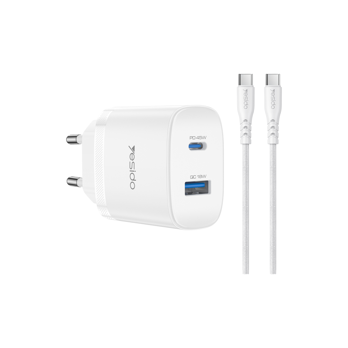 Yesido YC110 45W USB-A ve Type-C Çıkışlı 1M Type-C to Type-C Kablolu PD Hızlı Şarj Cihazı - Beyaz