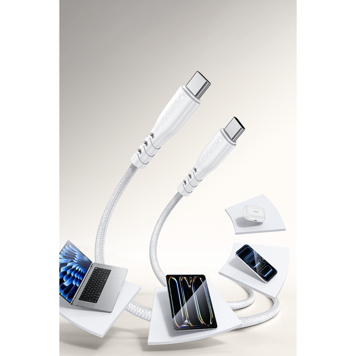 Yesido YC110 45W USB-A ve Type-C Çıkışlı 1M Type-C to Type-C Kablolu PD Hızlı Şarj Cihazı - Beyaz