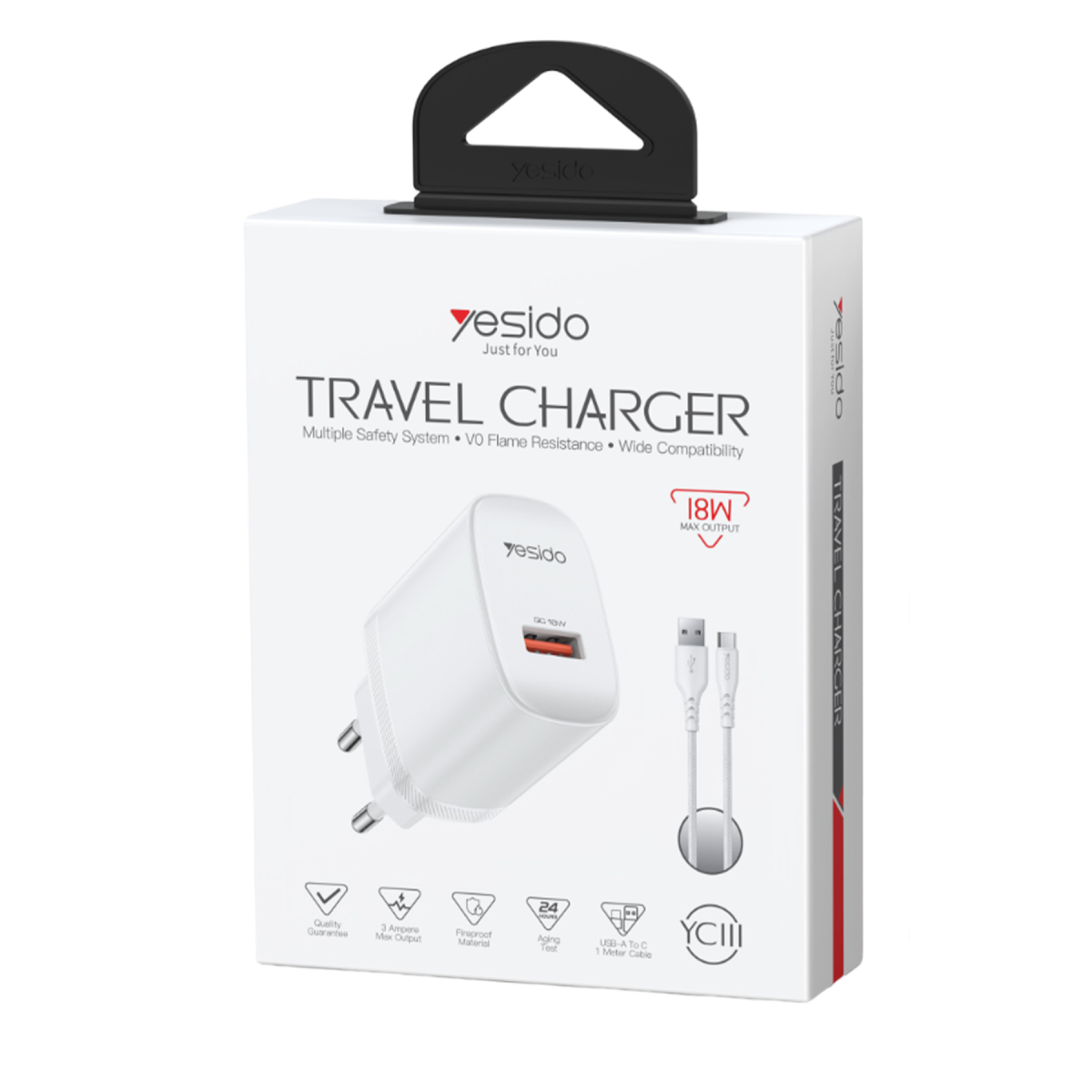Yesido YC111 18W USB-A QC 3.0 Çıkışlı A to Type-C Kablolu Hızlı Şarj Cihazı - Beyaz