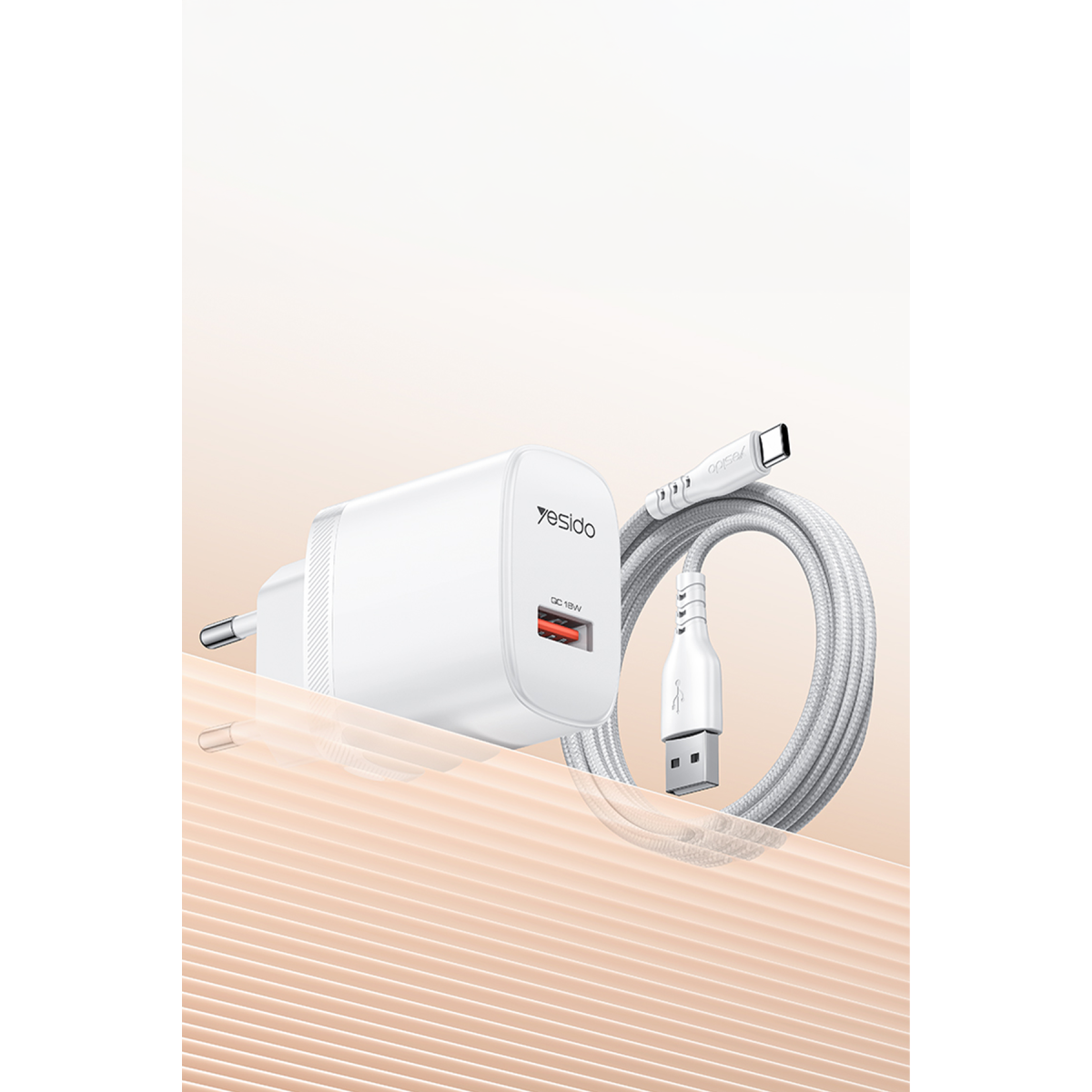 Yesido YC111 18W USB-A QC 3.0 Çıkışlı A to Type-C Kablolu Hızlı Şarj Cihazı - Beyaz