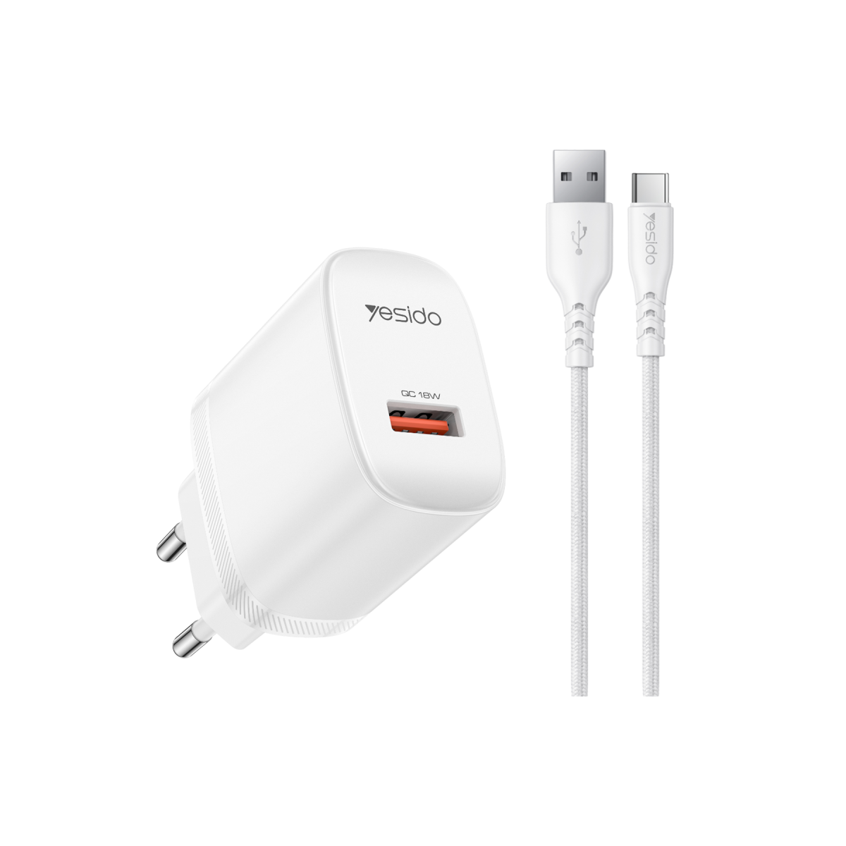 Yesido YC111 18W USB-A QC 3.0 Çıkışlı A to Type-C Kablolu Hızlı Şarj Cihazı - Beyaz