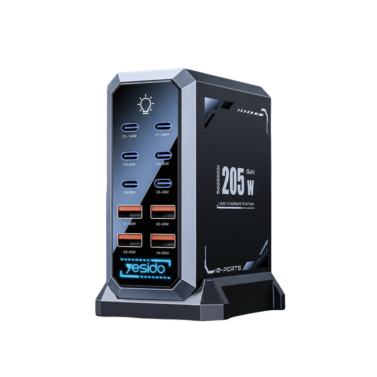 Yesido YC119 EU 205W 8 Portlu GaN Hızlı Şarj Cihazı - Siyah