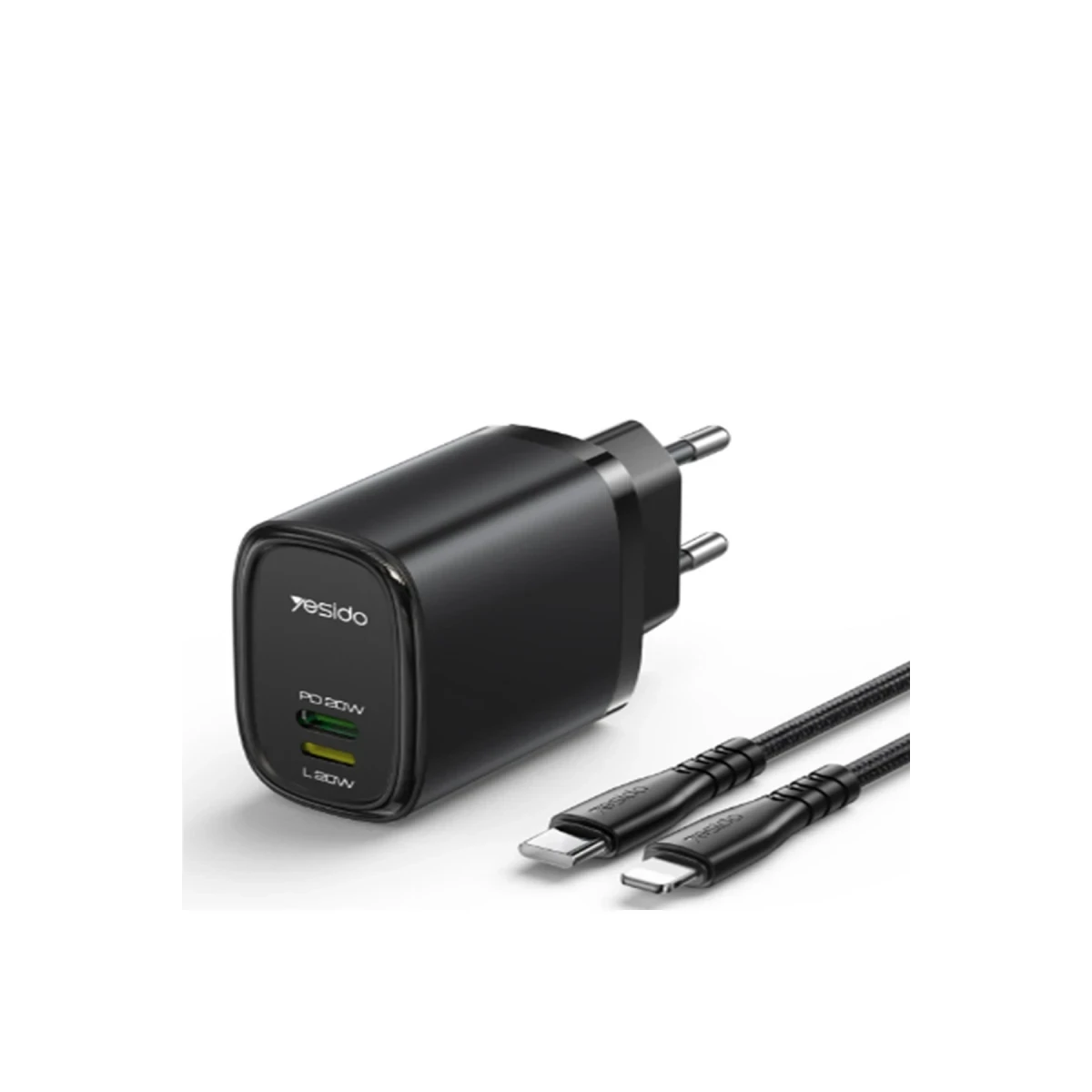 Yesido YC44 20W Type-C 20W Lightning Çıkışlı ve 1M 27W Type-C to Lightning Kablolu PD Şarj Cihazı - Siyah